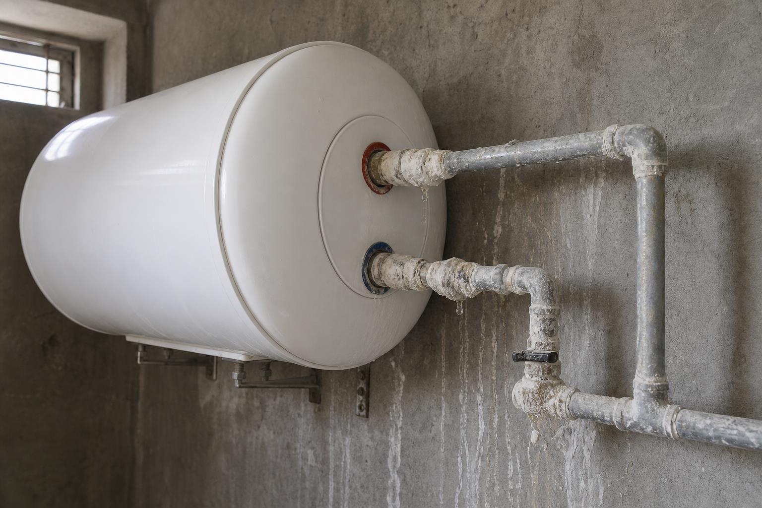 Limescale buildup on a tankless water heater heating element caused by hard water