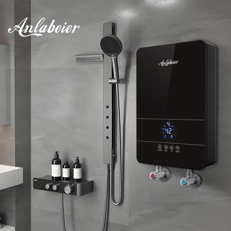 Anlabeier wall-mounted instant electric water heater with red and blue service valves and braided supply hoses