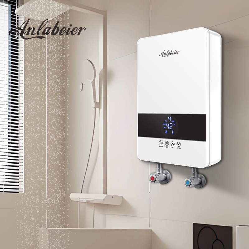 Anlabeier wall-mounted instant electric water heater with red and blue service valves, the per-room layout used in hotels